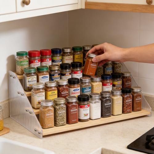 Tiered Spice Rack Organizer for Countertop & Cabinet, 4-Tier 19.9in Kitchen Seasoning Storage Shelf, Space Saving Standing Spice Organizer, Wooden & Acrylic, Solid Wood - color: Natural Wood, size: 4-Tier 19.9in
