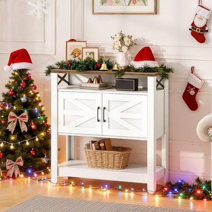 CHOEZON Console Table, Farmhouse Sofa Table with Power Outlet, Coffee Bar Cabinet with Storage, Entryway Table, Coffee Bar Table, for Entrance, Hallway, Kitchen, White and Walnut MXG01UWL