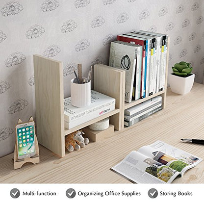 Jerry & Maggie Desktop Organizer Office Storage Rack Adjustable Wood Display Shelf Free Style Double H, Multi-Functional Mini Bookshelf for Desk Natural Stand (White Wood Tone) - color: White Wood Tone