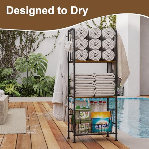 3-Tier Freestanding Cabinet Towel Rack Metal Stand | M-shaped detachable dividers, three-tier versatile storage, premium anti-rust four hooks, 70 lbs heavy duty load capacity - color: Brown