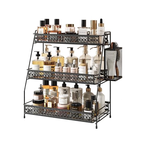 Vintage 3 Tier Spice Rack Organizer for Kitchen Counter, Bathroom Counter Organizer with Bonus Basket, 3 Tier Bathroom Counter Organizer for Spices Makeup Perfumes, Retro Countertop Organizer - color: Black with Basket