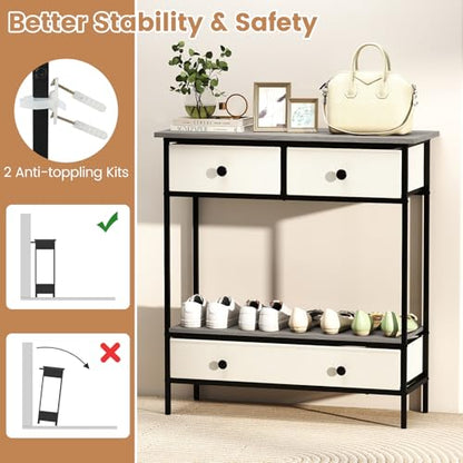 Giantex Console Table with 3 Fabric Drawers, 32" Farmhouse Entryway Table with Storage & Open Shelf, Rustic Narrow Sofa Table with Metal Frame for Living Room, Hallway, Entrance, Foyer