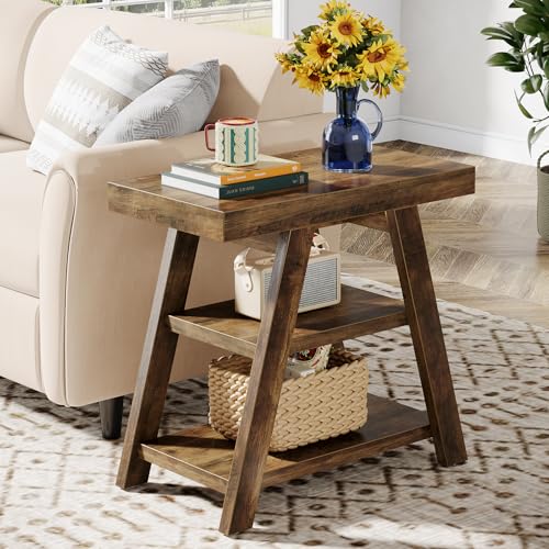 Tribesigns Farmhouse End Table, 3-Tier Wooden Sofa Side Table with Trapezoid Legs, Rustic Side Table for Couch, Vintage Bedside Nightstand for Bedroom, Living Room, Small Spaces, Rustic Brown - color: Rustic Brown