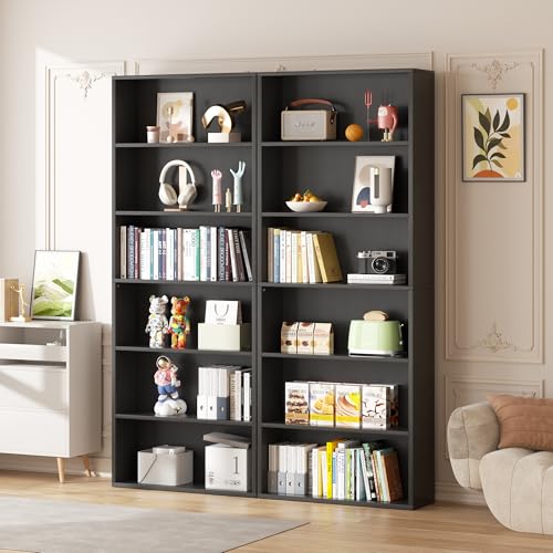 Vongrasig 6-Tier Open Bookcase and Bookshelf, Floor Standing Wood Display Storage Shelves 71 Inch Tall Bookcase Home Decor Furniture for Home Office, Living Room, Bed Room, Black, 2 Pieces - color: Black, size: 2 Pack