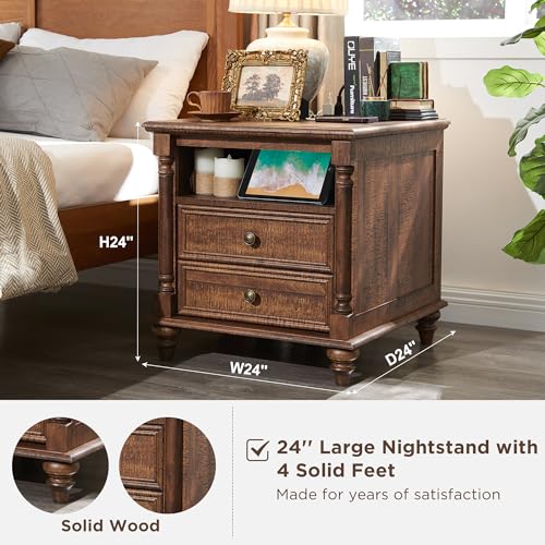T4TREAM 24" Farmhouse Nightstands with 2 Drawers, Reclaimed Barnwood | 4 Solid Wood Feet, Charging Station, Tall Rustic Wood Square, Sofa Side Table, Living Room, Bedroom - color: Reclaimed Barnwood