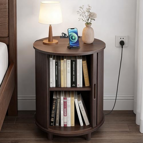 DHH Round End Table with Storage & Charging Station, Fluted Accent Side Table with Sliding Door & Adjustable Shelf, Mid-Century Nightstand for Small Spaces, Living Room, Bedroom (1,Dark Walnut) - color: Dark Walnut