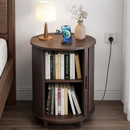 DHH Round End Table with Storage & Charging Station, Fluted Accent Side Table with Sliding Door & Adjustable Shelf, Mid-Century Nightstand for Small Spaces, Living Room, Bedroom (1,Dark Walnut) - color: Dark Walnut
