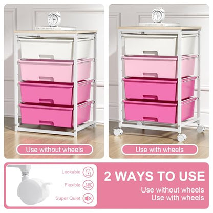 SYKIARIOL Rolling Cart with Drawers, 4-Drawer Utility Cart, Pink | 4 Tier Drawer Cart with Wooden Top for Home Office, Kid Room, Classroom Teacher, Dorm, - color: Dark Pink