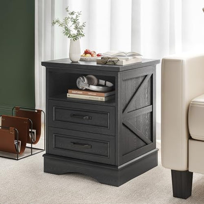 Fluest 24" Tall Farmhouse Nightstands Set of 2, Night Stands with Fast Charging Station, Beside Tables with Drawers and Open Storage, Rustic End Tables for Bedroom, Antique Black - color: Antique Black