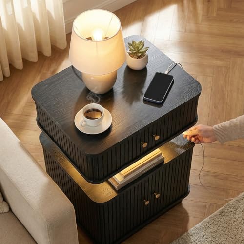 Black Nightstand with Charging Station and LED Light, Fluted Bedside Table with 1 Drawer and Storage Cabinet, Modern Ribbed End Table with USB Ports & Outlets for Bedroom, Living Room - color: Black
