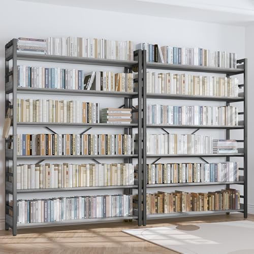 HCHQHS Bookshelf, Adjustable Industrial Bookcase, Vertical Tall Book Shelf, Wood and Black Metal Open Bookshelves for Home Office, Living Room, Bedroom (Grey, 6-Tier (47" W x 70" H)) - color: Grey, size: 6-Tier (47"W x 70"H)