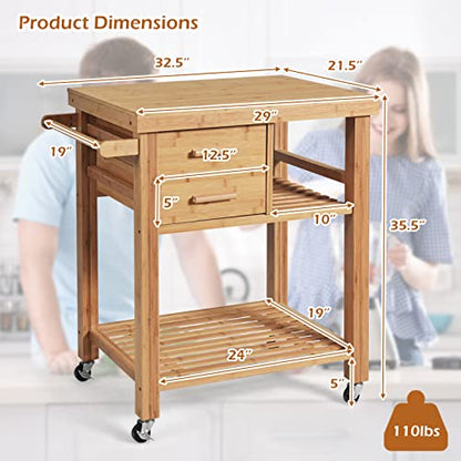 Kitchen Island, Rolling Butcher Block Kitchen Cart on Wheels | Bamboo Kitchen Trolley with Drawers, Shelves, Towel Rack, Small Kitchen Island Cart for Dining Room - size: 32.5"Lx21.5"Wx35.5"H