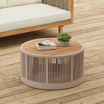 26" Outdoor Rustic Coffee Table,Rattan Rope & Acacia Wood Center Table with Round Top & Iron Frame, Easy Assembly, Versatile Weather-Resistant Patio Furniture for Garden, Yard, Balcony, Beige Teak - size: 26"