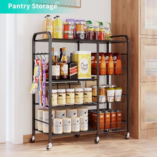 HapiRm Rolling Kitchen Microwave Cart - 4 Tier Microwave Table Stand with Pull-Out Baskets, Coffee Bar Baker's Rack with Wheels Rolling Storage Cart Organizer Shelf for Living Room Office, Balcony - color: Black