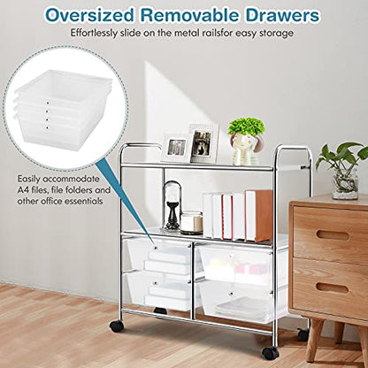 GOFLAME 4-Drawer Rolling Storage Cart with 2 Shelves, Mobile Utility Cart with Removable Drawers and Metal Frame, Art Craft Drawer Cart with Lockable Wheels for Home, Office, School, Studio, Clear - color: Clear