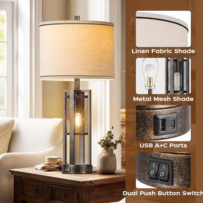 28'' Farmhouse Industrial Table Lamp Set of 2 - Rustic Bedside Nightstand Lamps with Dual USB A+C Ports, Bronze Metal Mesh Nightlight Desk Lamps for Bedroom Living Room, 4 LED Bulbs Included - color: Bronze-Set of 2