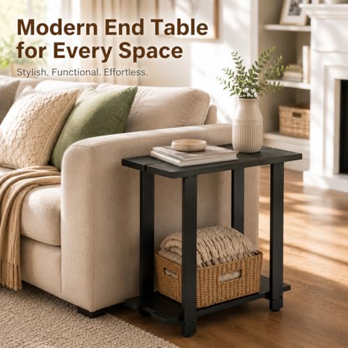 Transitional Narrow End Table, 2-Tier Rustic Side Table with Storage Shelves, Modern Farmhouse Industrial Nightstand for Living Room, Bedroom, Small Spaces, Couch, Black - color: Black