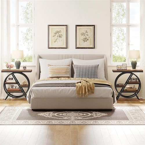 Tribesigns End Table Set of 2, 3-Tier Narrow Sofa Side Table with Storage for Living Room, Wood End Table with Geometric Metal Frame, Industrial Nightstand and Bedside Table for Bedroom, Rustic Brown - color: Rustic Brown