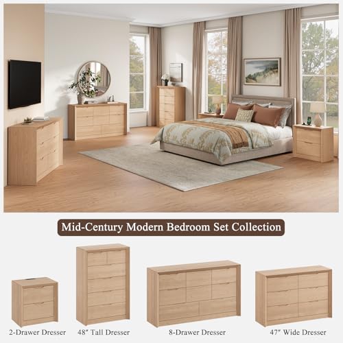 YANSNWO Natura Oak Nightstand Set of 2 with Charging Station, 23.6" Modern Bedside Table with Thickened Frame & Unique Panel, Mid Century Wood End Table for Bedroom, Living Room - color: Natural Oak, size: 15.6"D x 23.6"W x 23.6"H (2 Drawers/2 Piece)
