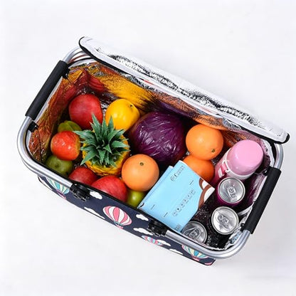 Upgrade Shopping Bag Picnic Basket 2 Layers of Internal Pockets Leak-Proof Insulated Cooler Bag Bag Collapsible Shopping Basket Folding Grocery Basket Bag for Picnic Travel(Black Balloon) - color: Black Balloon