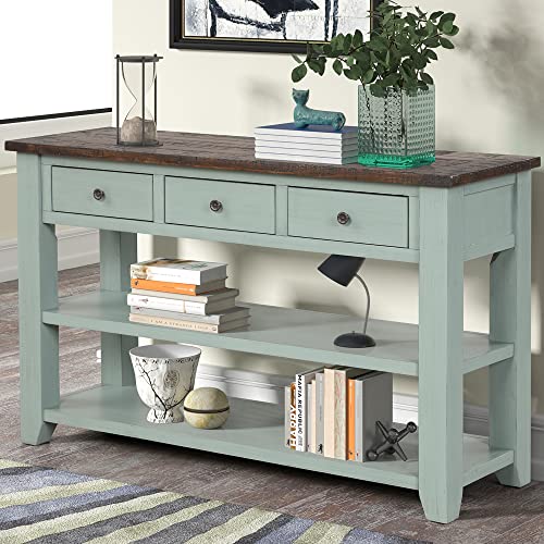 LKTART Real Wood Console Table with Storage Drawers,Sofa Table for Entryway | 48.8 Inch Solid Wood Farmhouse Entryway Table;Sofa Table,Rustic Entry Table for Hallway Living Room;Green;Easy Assembly - color: Green
