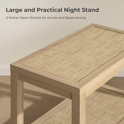 SICOTAS Rattan Nightstand Bedside Table - Farmhouse Boho Narrow Accent End Table with 2 Open Rattan Shelves for Bedroom, Living Room, Small Spaces - Light Oak - color: Reclaimed Light Oak, size: 1 Piece