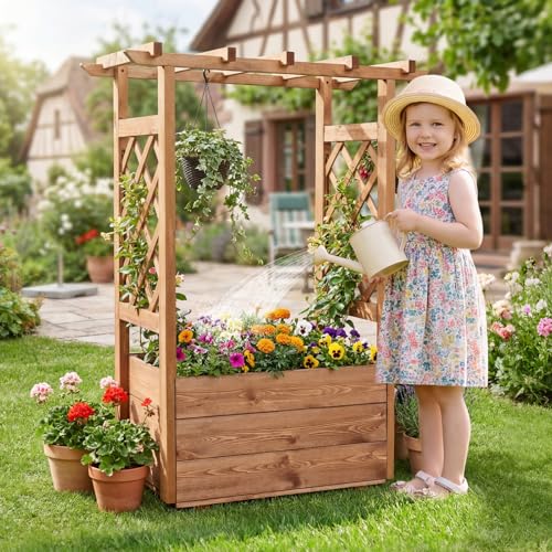 Giantex Raised Garden Bed with Sided Trellis & Roof, 31”x16”x41” Wood Elevated Planter Box, Freestanding Garden Planter Raised Bed for Flowers Herbs Climbing Vines,Brown,1 - color: Brown, size: 31”x16”x41”