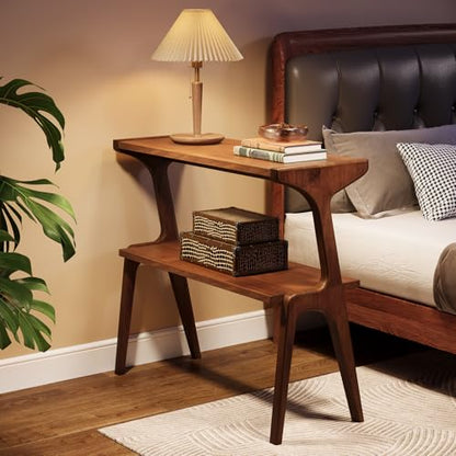Tribesigns Solid Wood End Table, 2-Tier Farmhouse Side Table with Storage Shelves, Slim Side Table for Couch with Unique Legs, Long Bedside Table for Bedroom, Living Room, Rustic Brown - color: Rustic Brown
