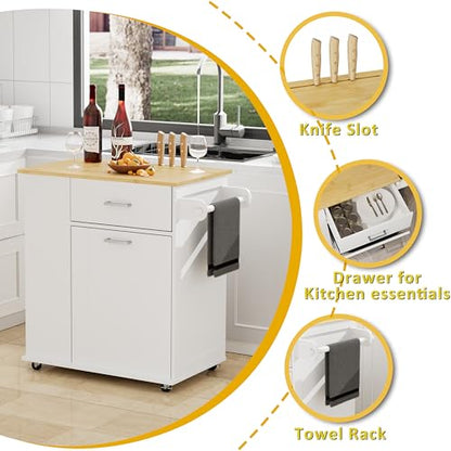 HQZX Rolling Kitchen Island with Trash Can Storage, Portable Kitchen Island on Wheels with Towel Rack & Spice Rack, Tilt Out Trash Can Cabinet with Drawer, Mobile Island Cart (White) - color: White
