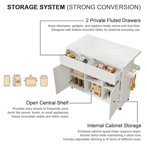 weselon 47" Mobile Kitchen Island with Storage, Rolling Kitchen Cart with Drop Leaf, Kitchen Island on Wheels with 2 Drawers & Adjustable Shelves, Towel Rack & Hooks, Faux Marble Top (White)