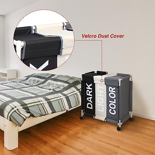 Laundry Sorter 3 Section Laundry Hamper Basket with Rolling Wheels Laundry Organizer Cart for Bathroom Bedroom Nursery (White+Grey+Black)