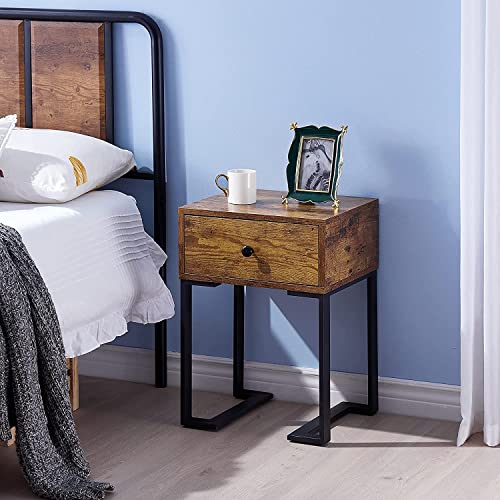 VECELO Nightstand with Storage Drawer, End/Side Table for Bedroom, Sturdy Metal Frame