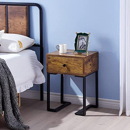 VECELO Nightstand with Storage Drawer, End/Side Table for Bedroom, Sturdy Metal Frame