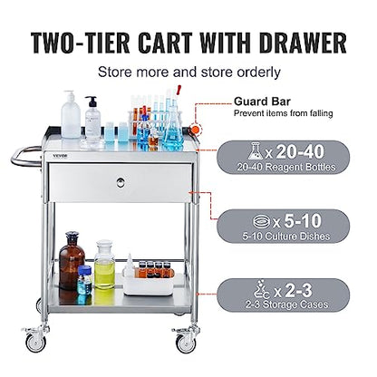 VEVOR Medical Cart, 2-Layer Stainless Steel Cart 220 lbs Weight Capacity, Lab Utility Cart with 360° Silent Wheels and a Drawer for Lab, Clinic, Kitchen, Salon - size: 2-tier with 1 drawer