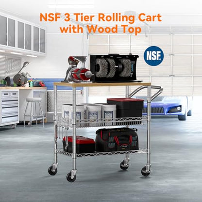 3 Tier Rolling Kitchen Carts on Wheels with Storage,650Lbs Heavy Duty Utility Carts with Wheels,Kitchen Island with Wood Tabletop,Metal Serving Rolling Cart for Small Appliance Food Cart,Wood+Metal - color: Wood+chrome
