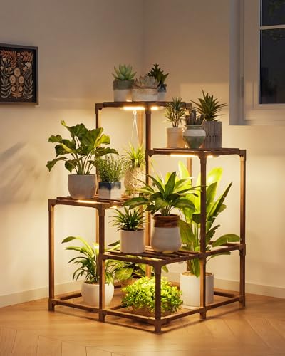 Bamworld 4-Pot Plant Stand with Grow Light Indoor Outdoor Corner Shelf Plant Holder Flower Stand Wood Plant Rack Indoor Multiple Plants Patio Balcony Garden Living room - size: 4-Pot Flower Stand with Grow Lights