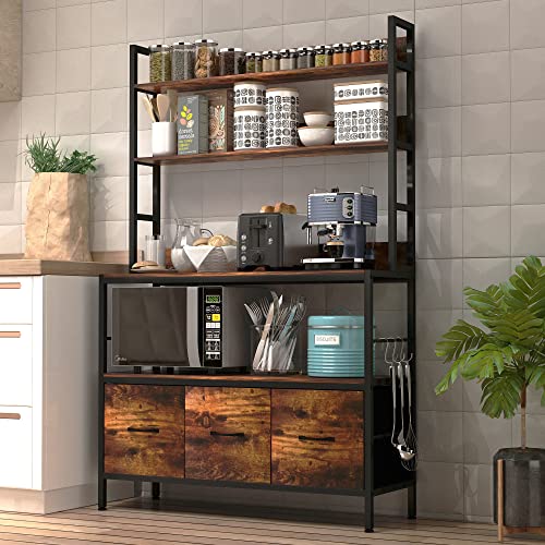 Kitchen Bakers Rack with Baskets,5-Tier Free Standing Storage Shelf Rack,Industrial Microwave Oven Stand,Metal Kitchen Rack Organizer with Hooks - color: Brown, size: Basket without power outlet
