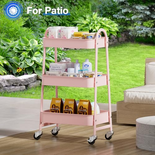 DUMOS 3 Tiers Metal Rolling Utility Cart with Lockable Wheels, Mobile Storage Organizer, Utility Shelving Unit for Kitchen, Office, Bathroom, Laundry, Narrow Places, Pink - color: 3 Tiers Pink
