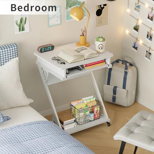 ALISENED 2 Tier Computer Desk with Keyboard Tray, 23.6" Home Office Desk Computer Workstation Rolling Study PC Laptop Table for Small Spaces,Z-Shaped Small Compact Study Table,White - color: White