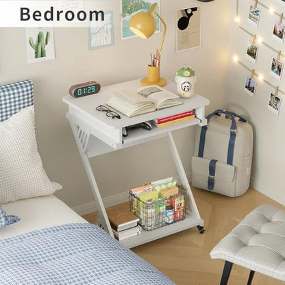 ALISENED 2 Tier Computer Desk with Keyboard Tray, 23.6" Home Office Desk Computer Workstation Rolling Study PC Laptop Table for Small Spaces,Z-Shaped Small Compact Study Table,White - color: White