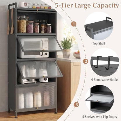 LDAILY 5-Tier Kitchen Storage Cabinet, Mobile Microwave Stand with Metal Frame, Double Anti-toppling Device, 4 Rolling Casters, Freestanding Bakers Rack for Kitchen, Dining Room, Living Room (Grey) - color: Grey