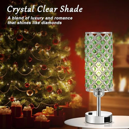 Hong-in Green Crystal Lamp Touch Control Set of 2, Crystal Table Lamps with USB C+A Ports & AC Outlet, 3-Way Dimmable Nightstand Touch Lamp, Modern Bedside Table Lamp for Bedroom(Bulbs Included) - color: Green
