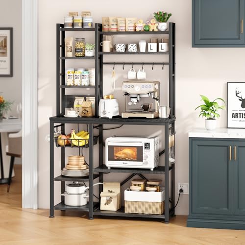 SNTD 6-Tier Bakers Rack with Power Outlets, 36 x 14.6 x 72 in, Rustic Black | Large Capacity for Small Appliances, Stable Metal Frame with Wood Shelves, Pull-Out Basket, 14 Hooks - color: Rustic Black