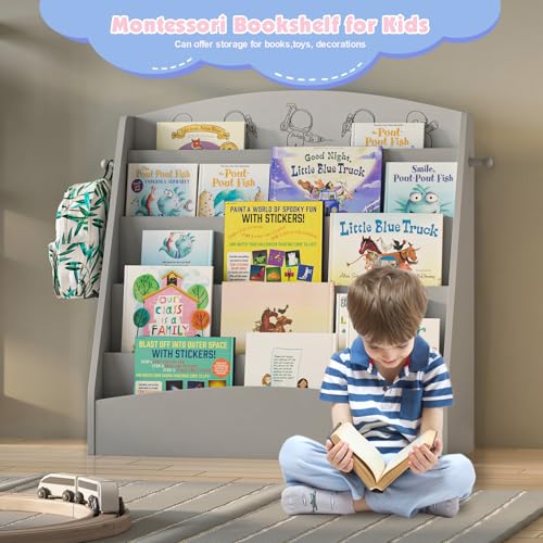 NACHES 5-Tier Kids Bookshelf - Toddler Book Display Shelves, Montessori Bookshelf for Kindergarten, Nursery, Bedrooms, Classrooms - Wooden Children Book Display, Grey - color: Grey
