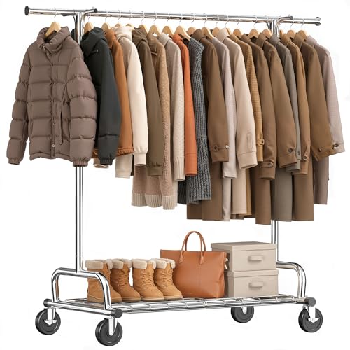 Raybee Heavy Duty Clothes Rack Rolling Garment Rack with Extra Hanging Hook | Expandable, Height Adjustable, Tool-free Assembly, 360° Lockable Wheels, Rolling Clothing Rack for Bedroom Laundry Room - color: Chrome, style: Mesh Shelf