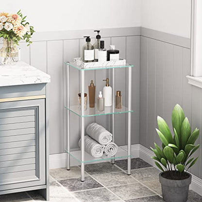 HOOBRO Glass Shelf, 3 Tier Bathroom Standing Shelf Unit, Tempered Glass Shelving Stand for Small Space, Perfume Stand Organizer, Space-Saving, for Bathroom, Bedroom, Steel Frame, Silver SV03CJ01 - size: 15"L x 11.8"W x 29.5"H