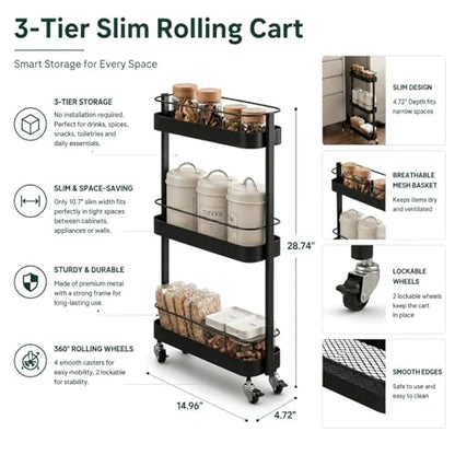 Rolling Storage Cart, 3 Tier Bathroom Organizer Mobile Shelving Unit, Metal Utility Cart Tower Rack for Kitchen Laundry Narrow Places(Fully Assembled Furniture, Black) - color: Black