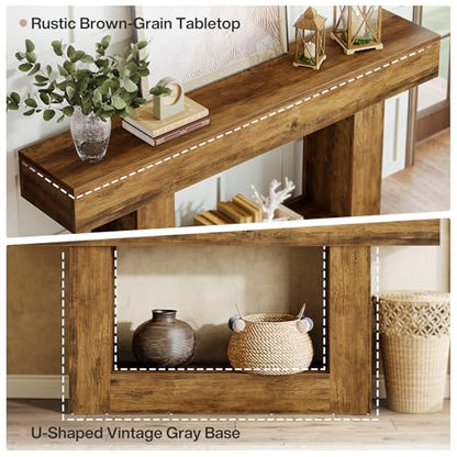Tribesigns 63-Inch Long Console Table, 2-Tier Entryway Table Sofa Table with Storage, Farmhouse Wood Behind Couch Table for Living Room, Hallway, Rustic Brown - color: Rustic Brown