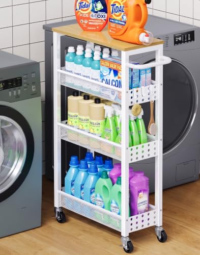 Slim Rolling Storage Cart, Laundry Room Organization and Storage Shelves for Between Washer and Dryer, Narrow Shelf Unit for Small Spaces, 4 Tier Thin Organizer Carts with Wheels for Bathroom, Kitchen - color: Light White, size: 7.1″ Wide