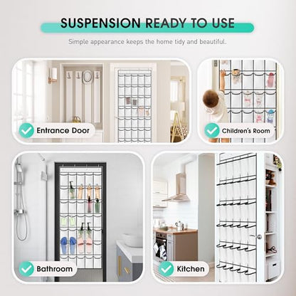 WVM Over the Door Shoe Organizer with 35 Breathable Mesh Pockets, Hanging Shoe Organizer for Door with 4 Metal Hooks, Large Capacity Closet Storage for Shoes, Accessories, White - style: White